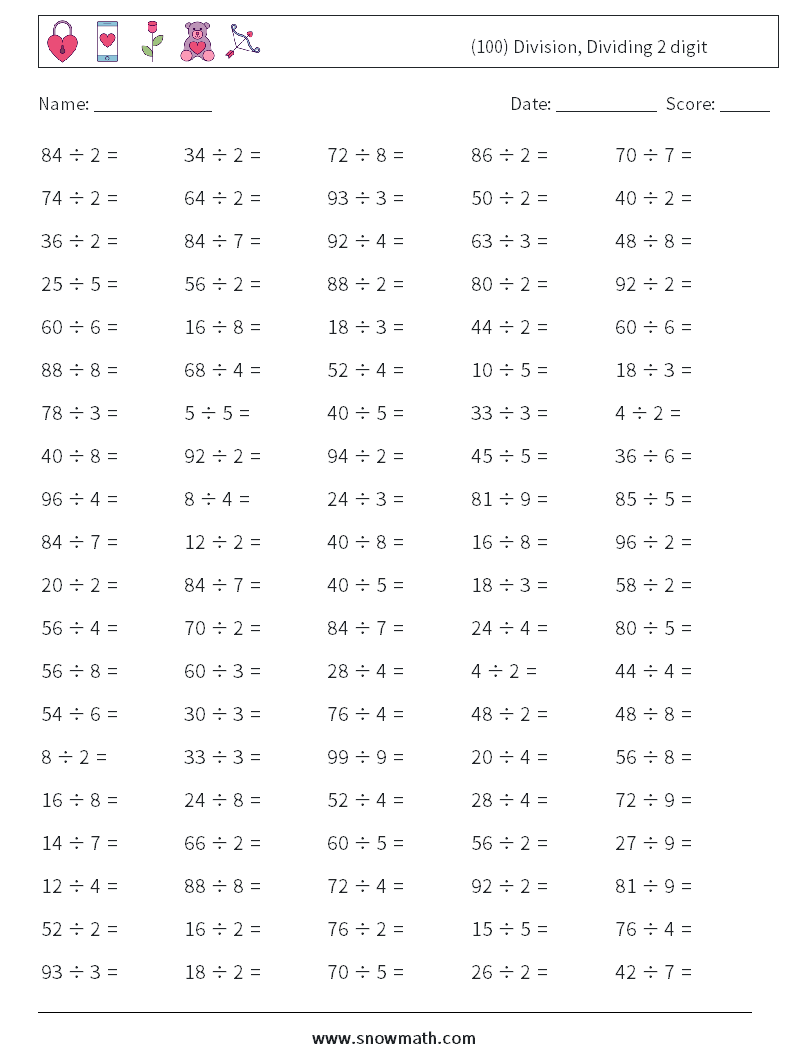 (100) Division, Dividing 2 digit Maths Worksheets 9