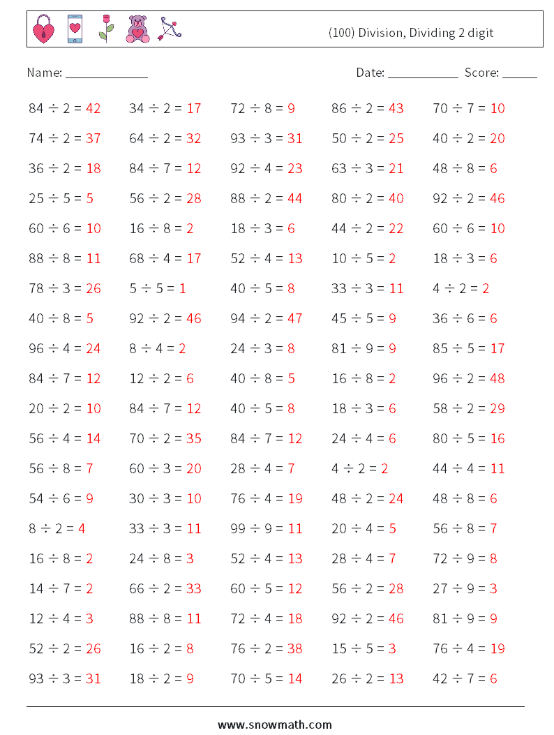 (100) Division, Dividing 2 digit Maths Worksheets 9 Question, Answer