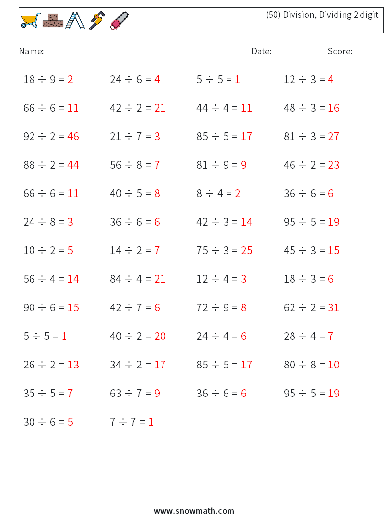 (50) Division, Dividing 2 digit Maths Worksheets 1 Question, Answer