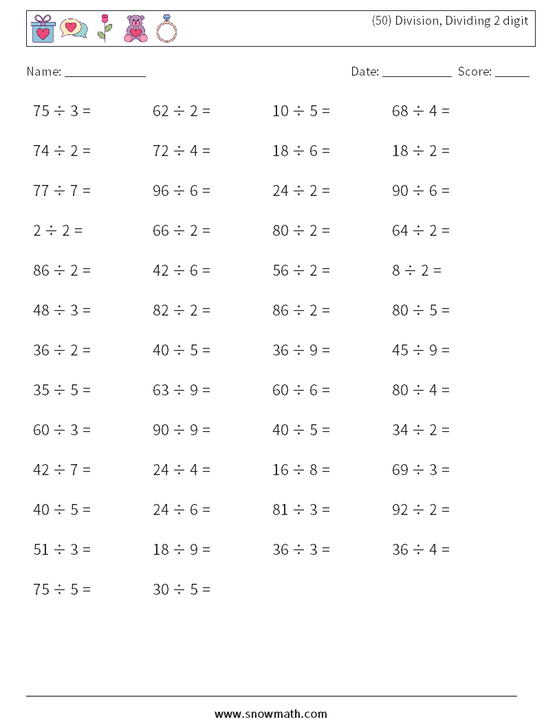 (50) Division, Dividing 2 digit Maths Worksheets 2