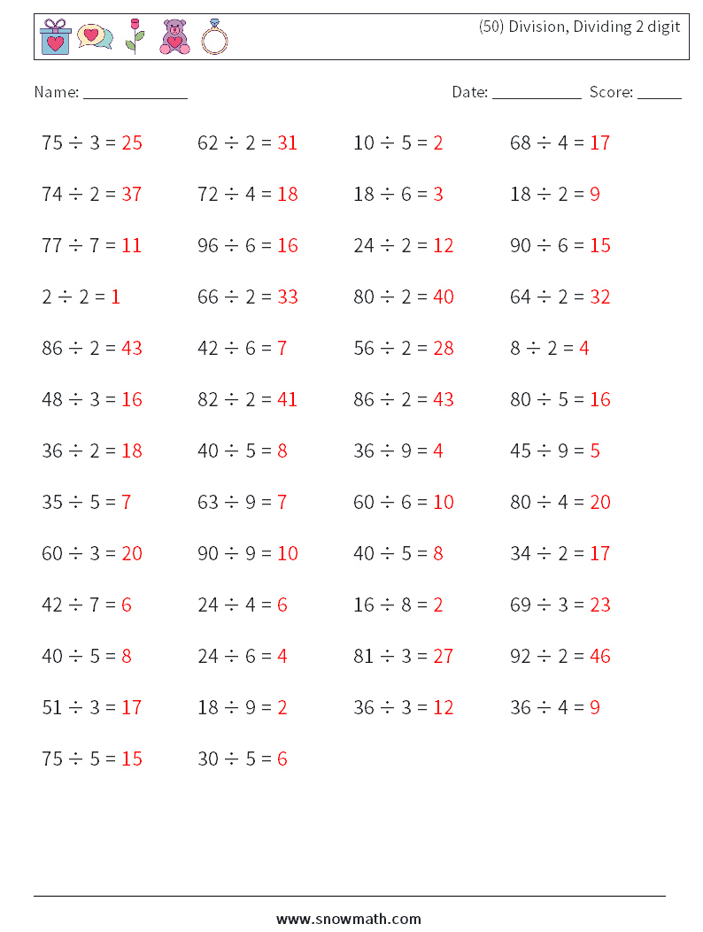 (50) Division, Dividing 2 digit Maths Worksheets 2 Question, Answer