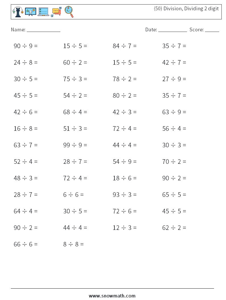 (50) Division, Dividing 2 digit Maths Worksheets 3