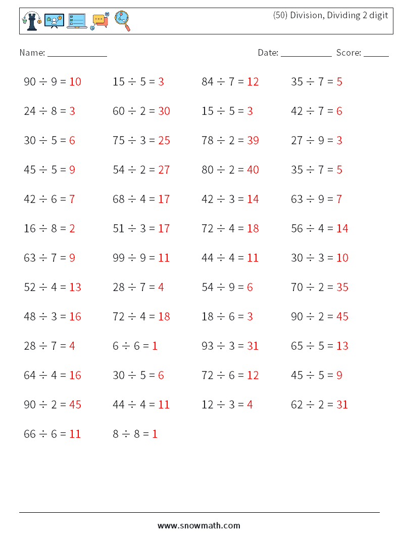 (50) Division, Dividing 2 digit Maths Worksheets 3 Question, Answer
