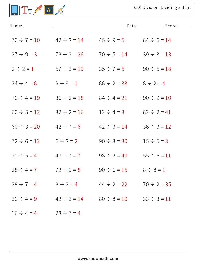 (50) Division, Dividing 2 digit Maths Worksheets 4 Question, Answer