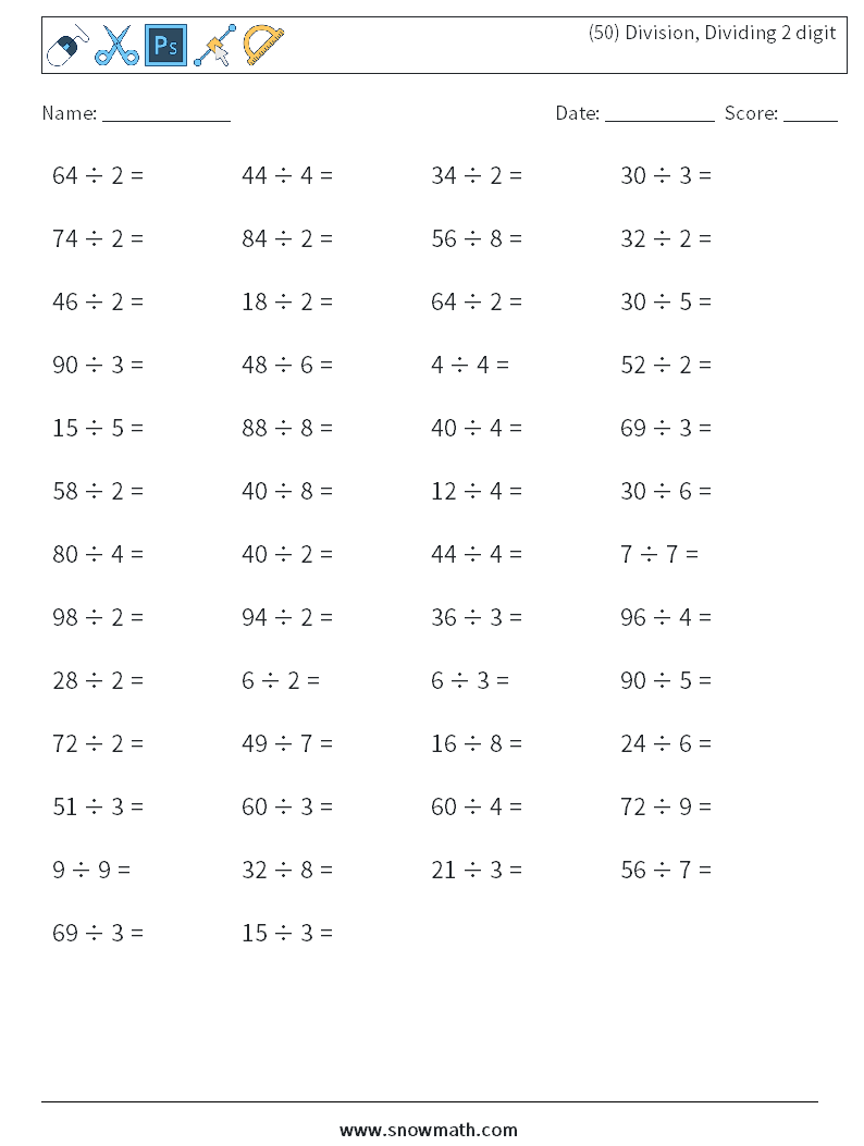 (50) Division, Dividing 2 digit Maths Worksheets 5