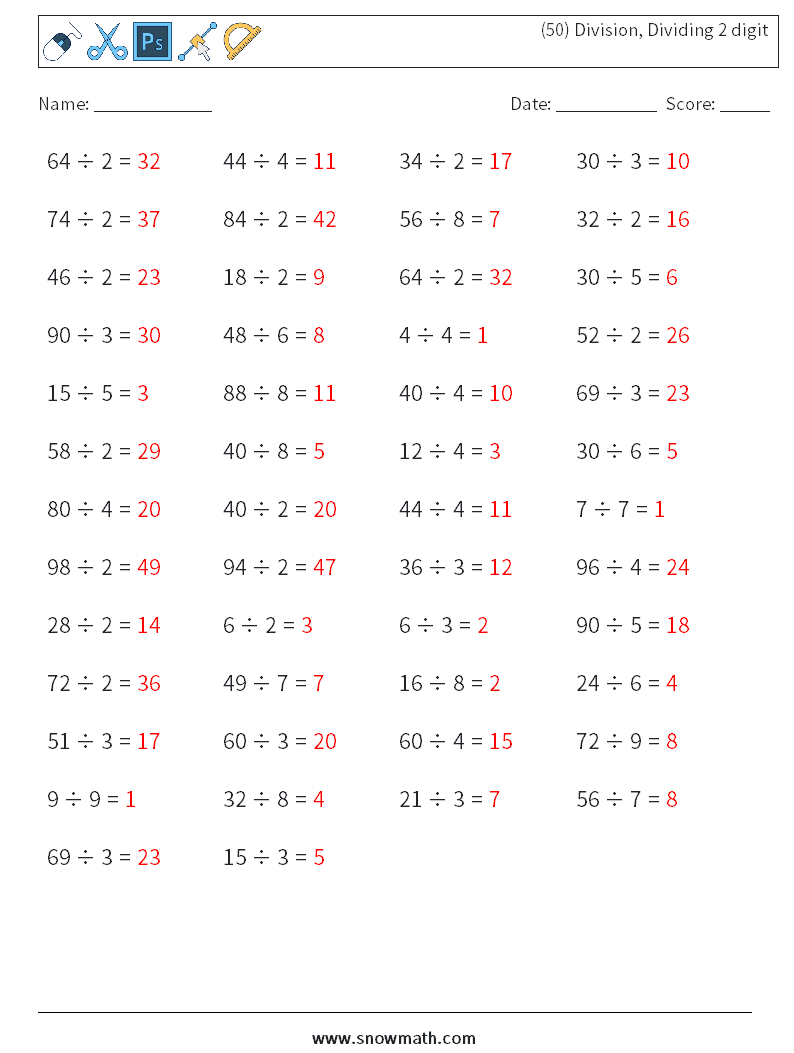 (50) Division, Dividing 2 digit Maths Worksheets 5 Question, Answer