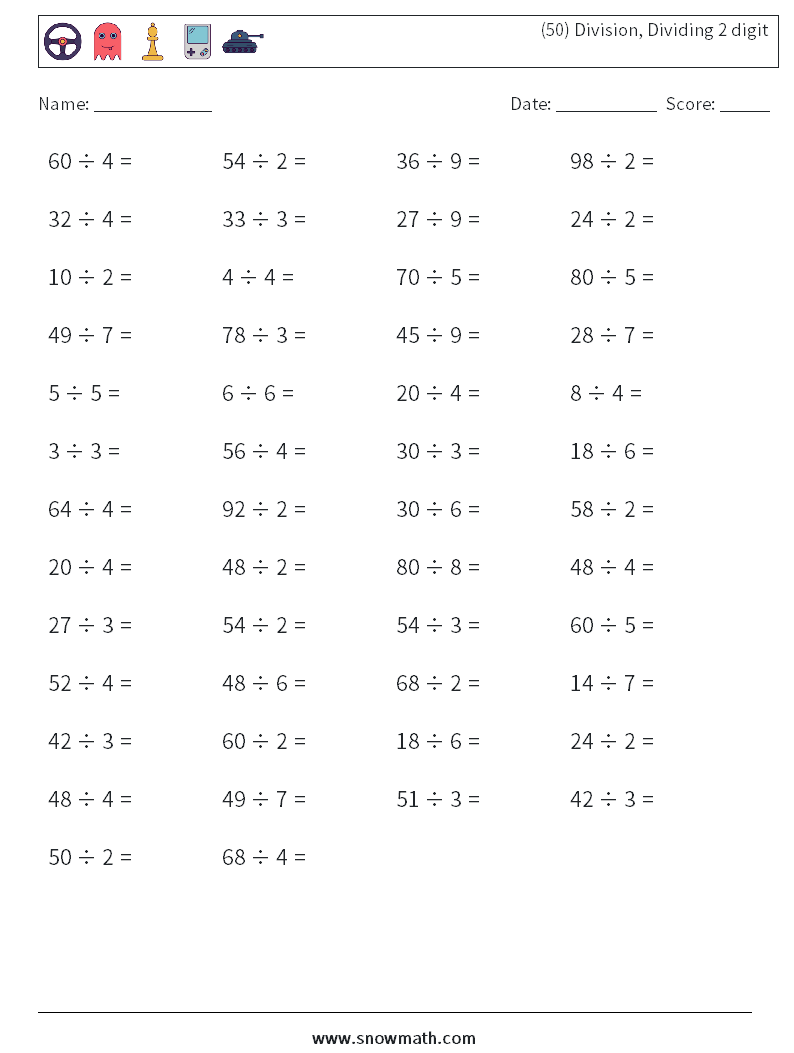 (50) Division, Dividing 2 digit Maths Worksheets 6