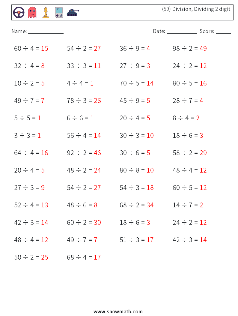 (50) Division, Dividing 2 digit Maths Worksheets 6 Question, Answer