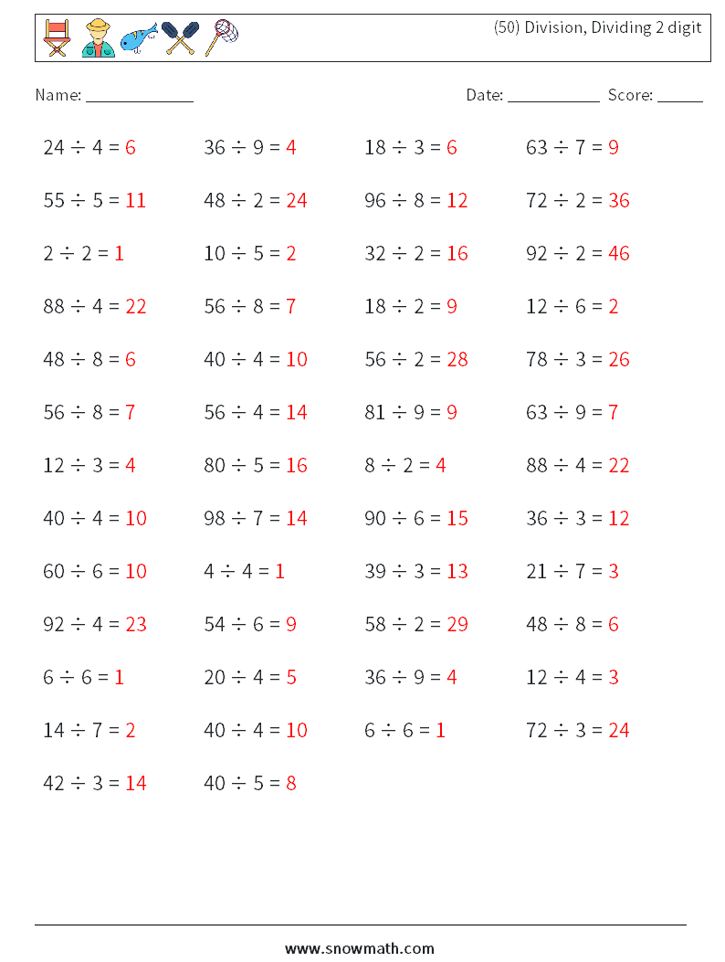 (50) Division, Dividing 2 digit Maths Worksheets 7 Question, Answer