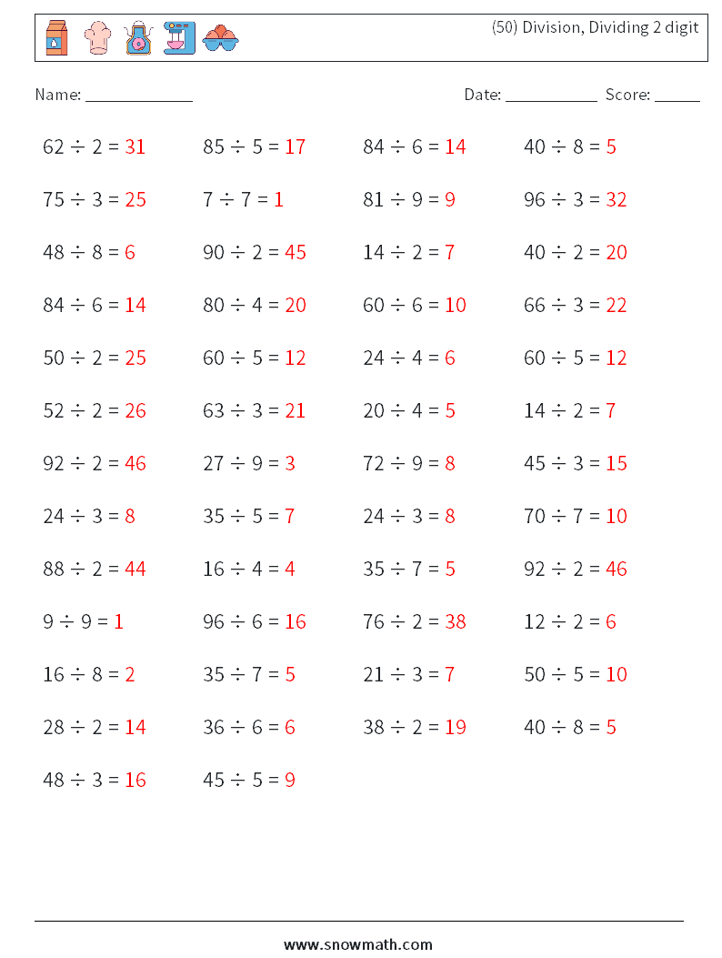(50) Division, Dividing 2 digit Maths Worksheets 8 Question, Answer