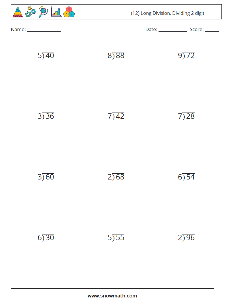 (12) Long Division, Dividing 2 digit Maths Worksheets 1