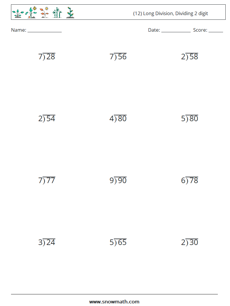 (12) Long Division, Dividing 2 digit Maths Worksheets 11