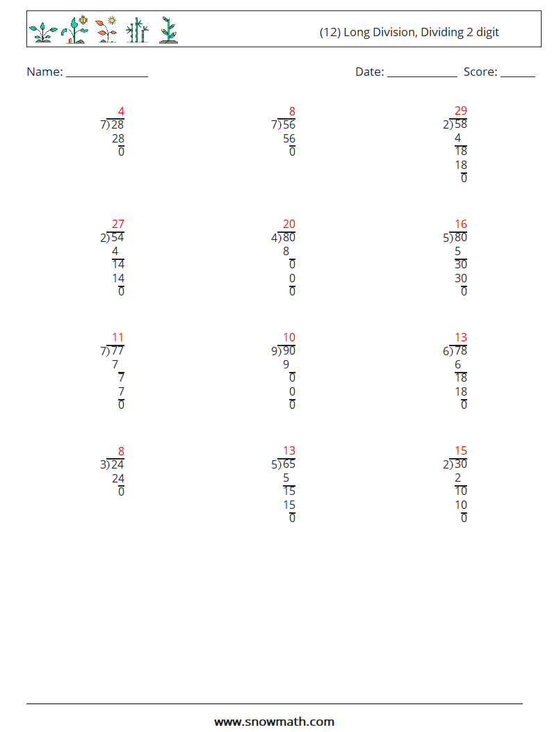 (12) Long Division, Dividing 2 digit Maths Worksheets 11 Question, Answer