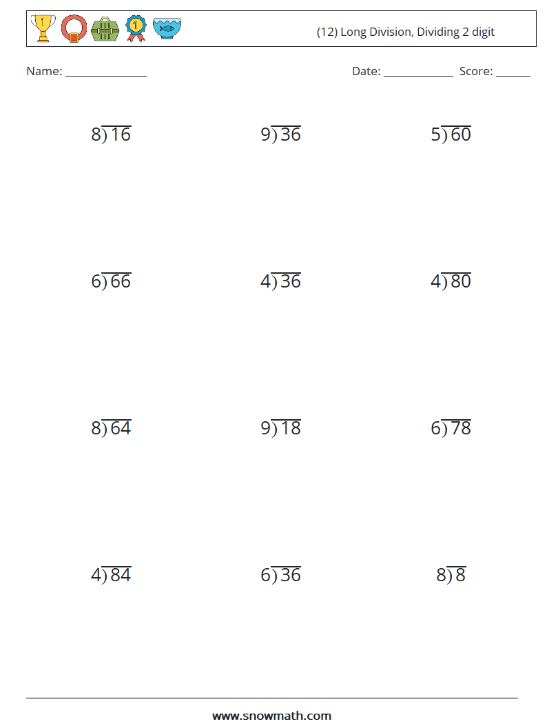 (12) Long Division, Dividing 2 digit Maths Worksheets 13