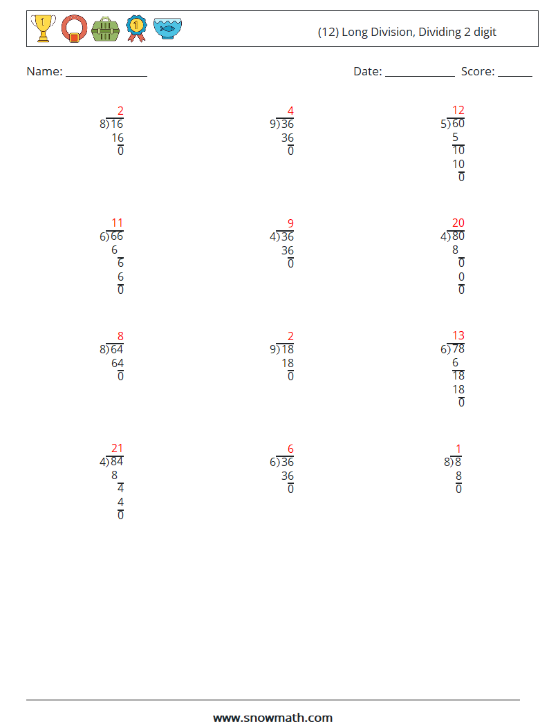 (12) Long Division, Dividing 2 digit Maths Worksheets 13 Question, Answer