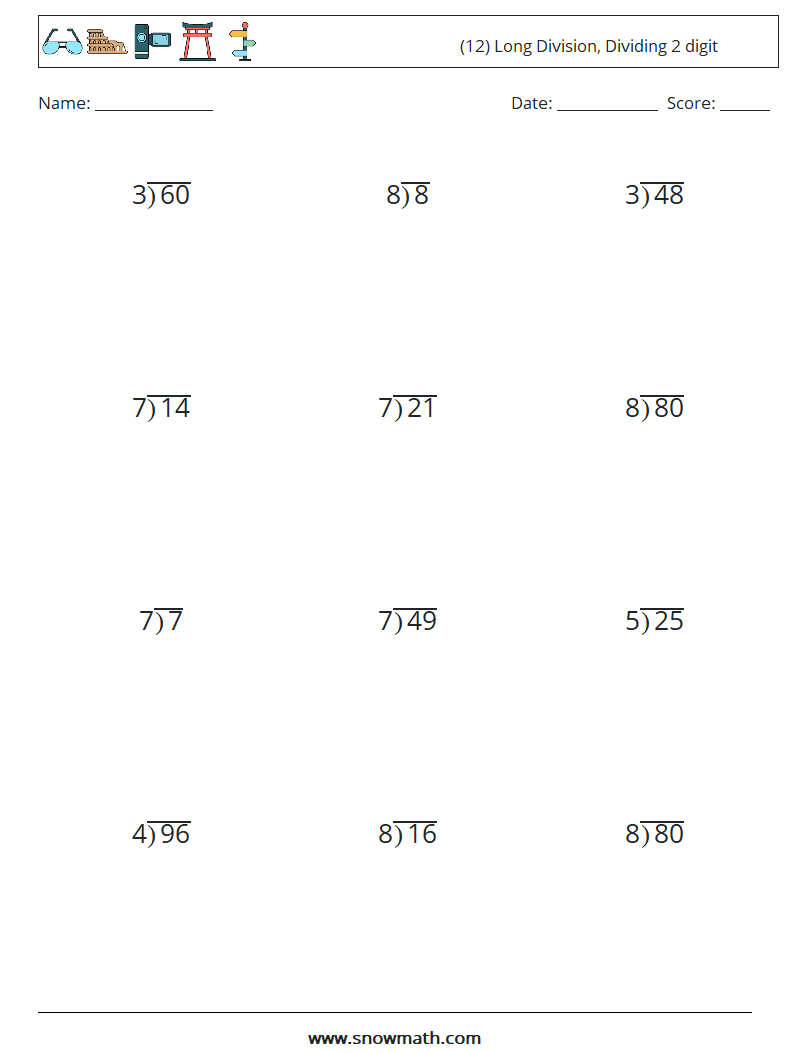 (12) Long Division, Dividing 2 digit Maths Worksheets 14