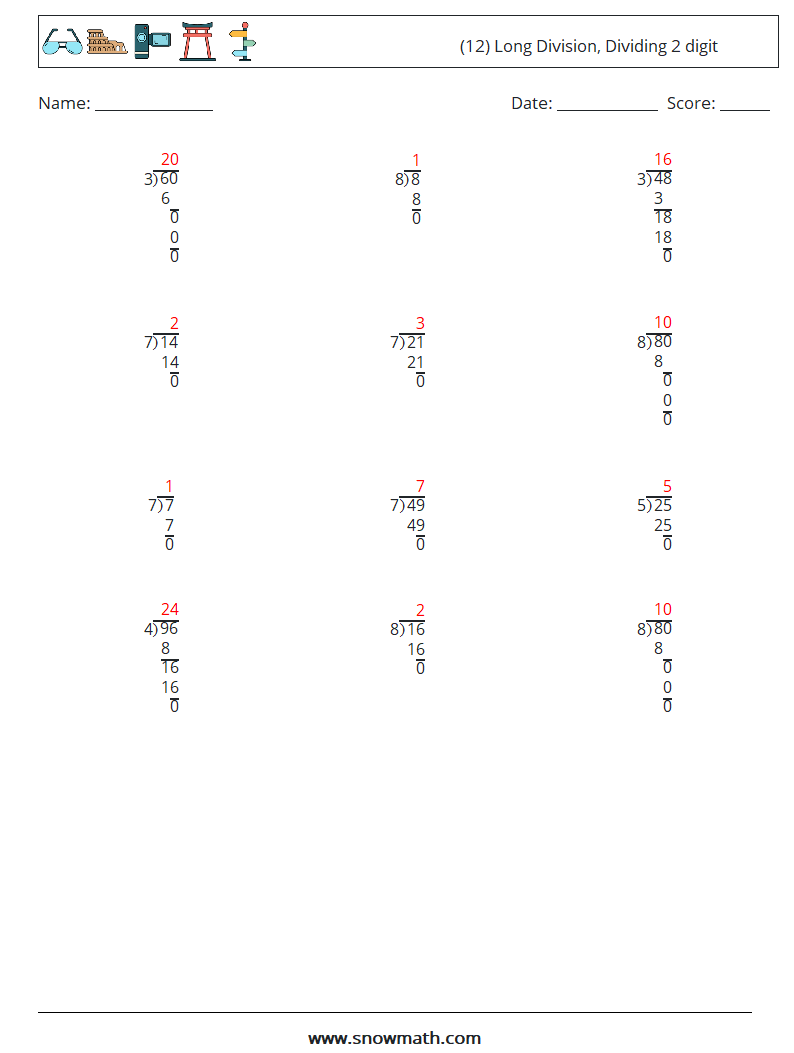(12) Long Division, Dividing 2 digit Maths Worksheets 14 Question, Answer