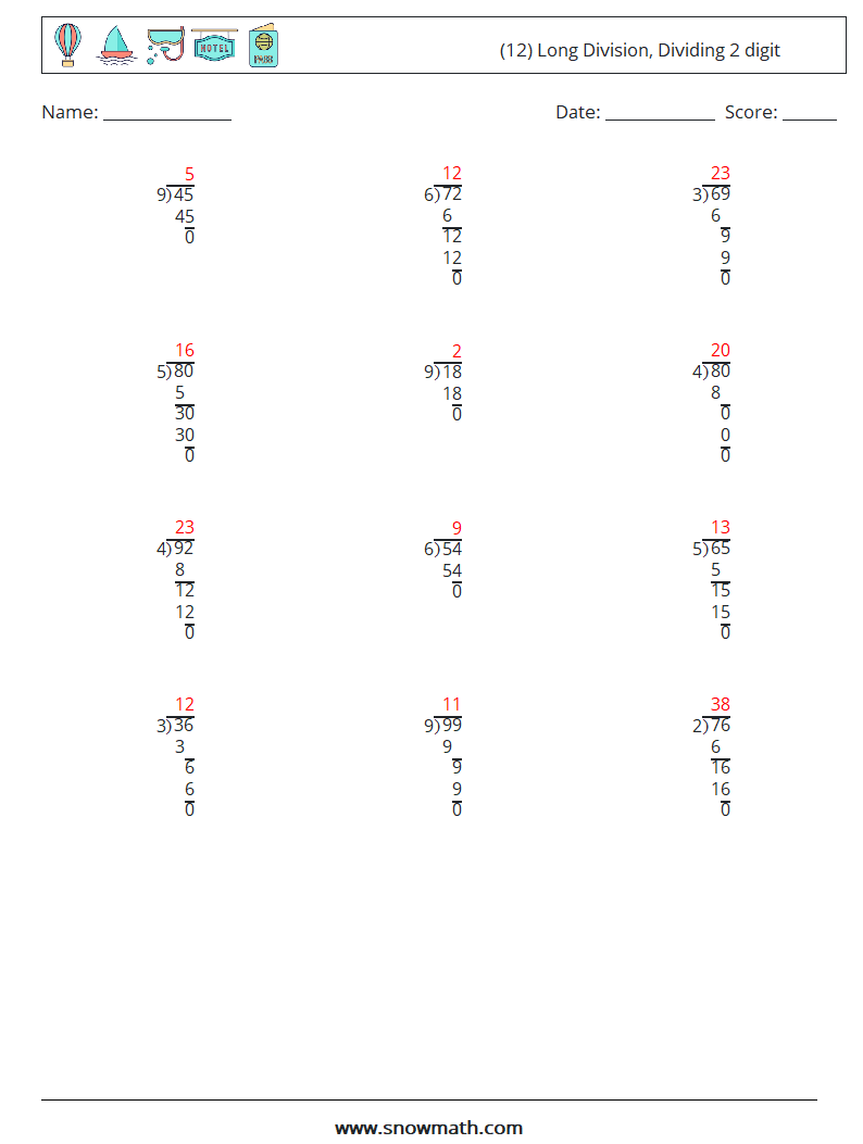 (12) Long Division, Dividing 2 digit Maths Worksheets 16 Question, Answer