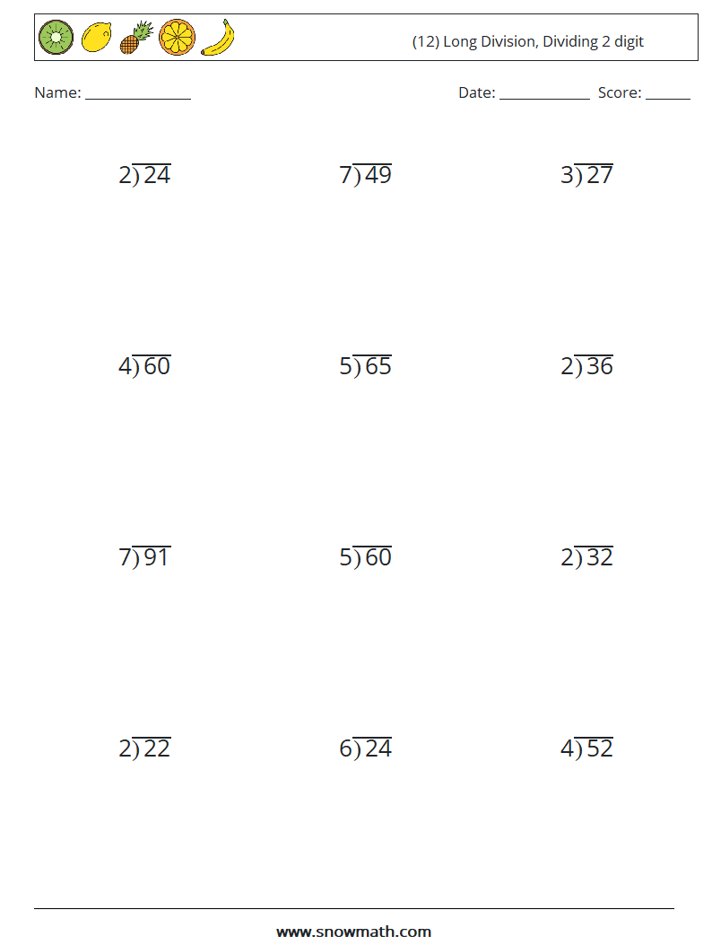 (12) Long Division, Dividing 2 digit Maths Worksheets 18