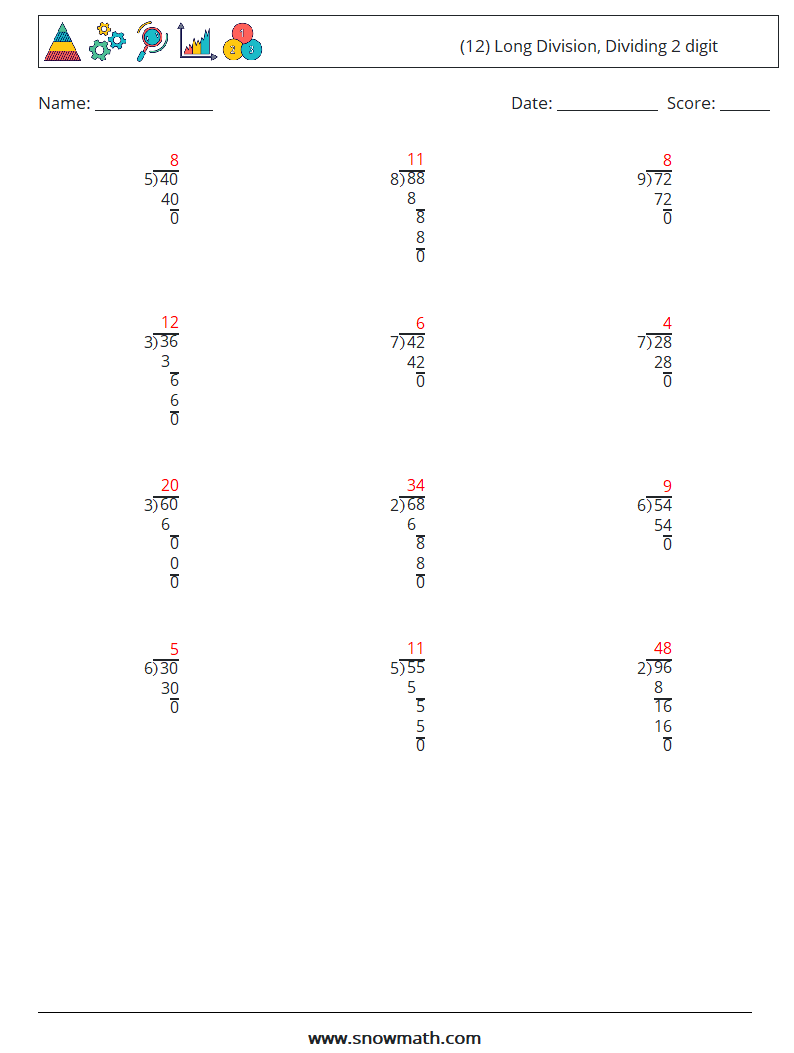 (12) Long Division, Dividing 2 digit Maths Worksheets 1 Question, Answer