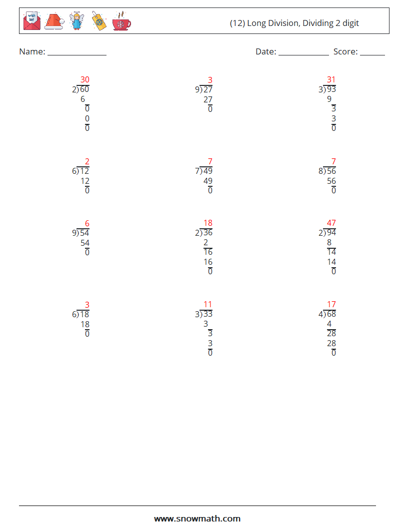 (12) Long Division, Dividing 2 digit Maths Worksheets 2 Question, Answer
