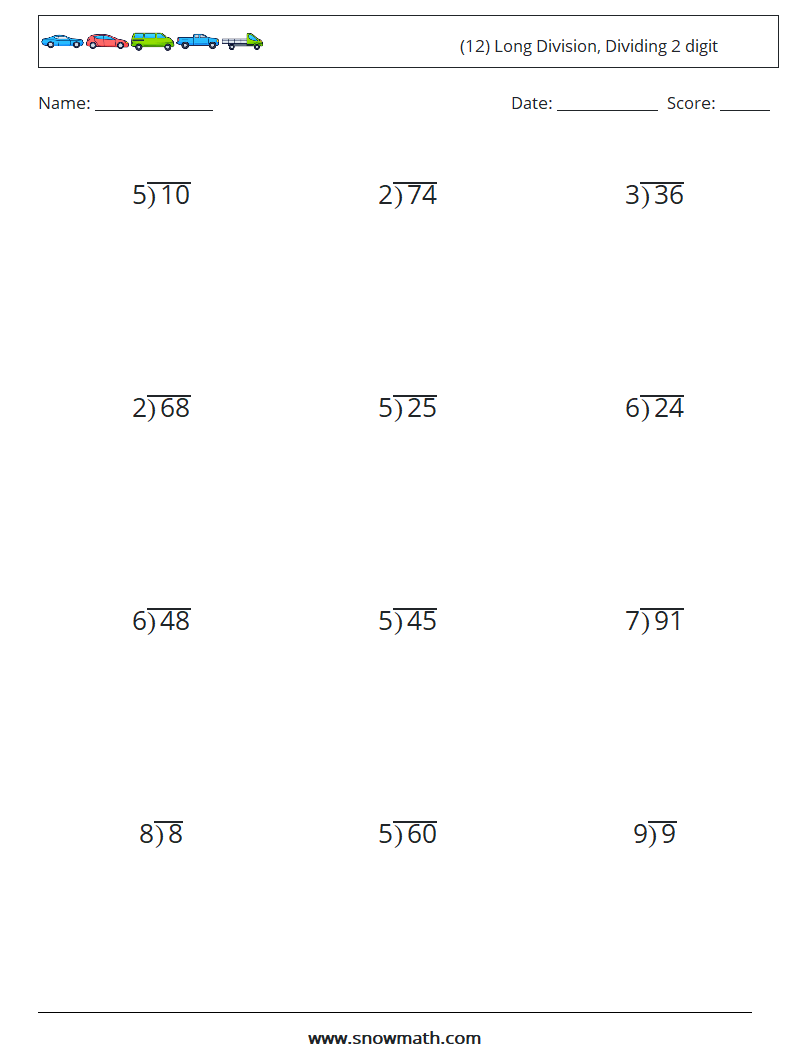 (12) Long Division, Dividing 2 digit Maths Worksheets 3