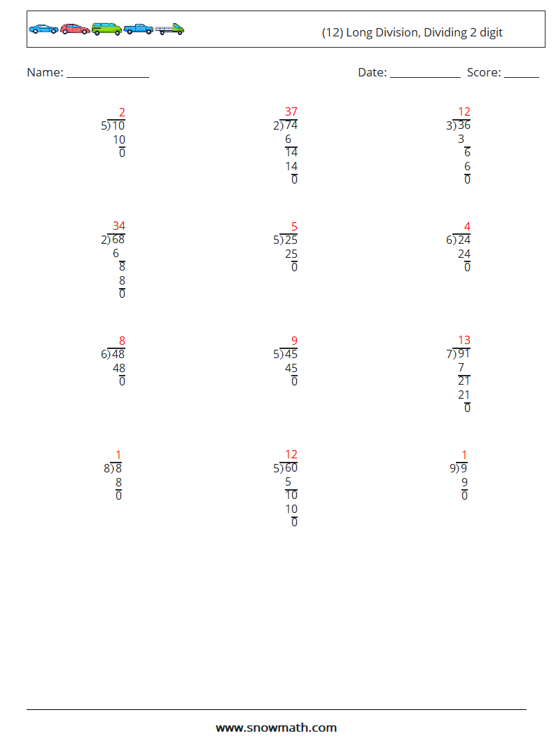 (12) Long Division, Dividing 2 digit Maths Worksheets 3 Question, Answer