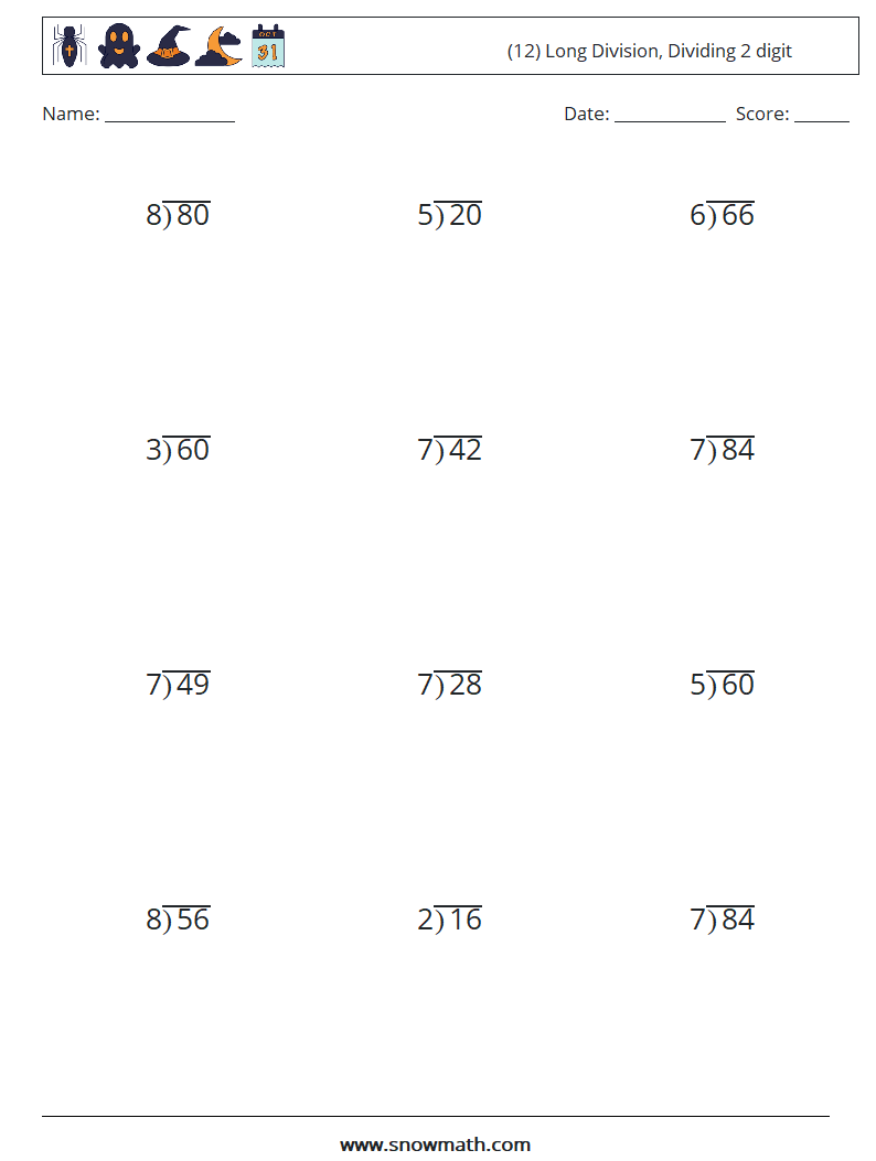 (12) Long Division, Dividing 2 digit Maths Worksheets 4