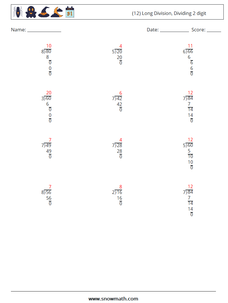 (12) Long Division, Dividing 2 digit Maths Worksheets 4 Question, Answer