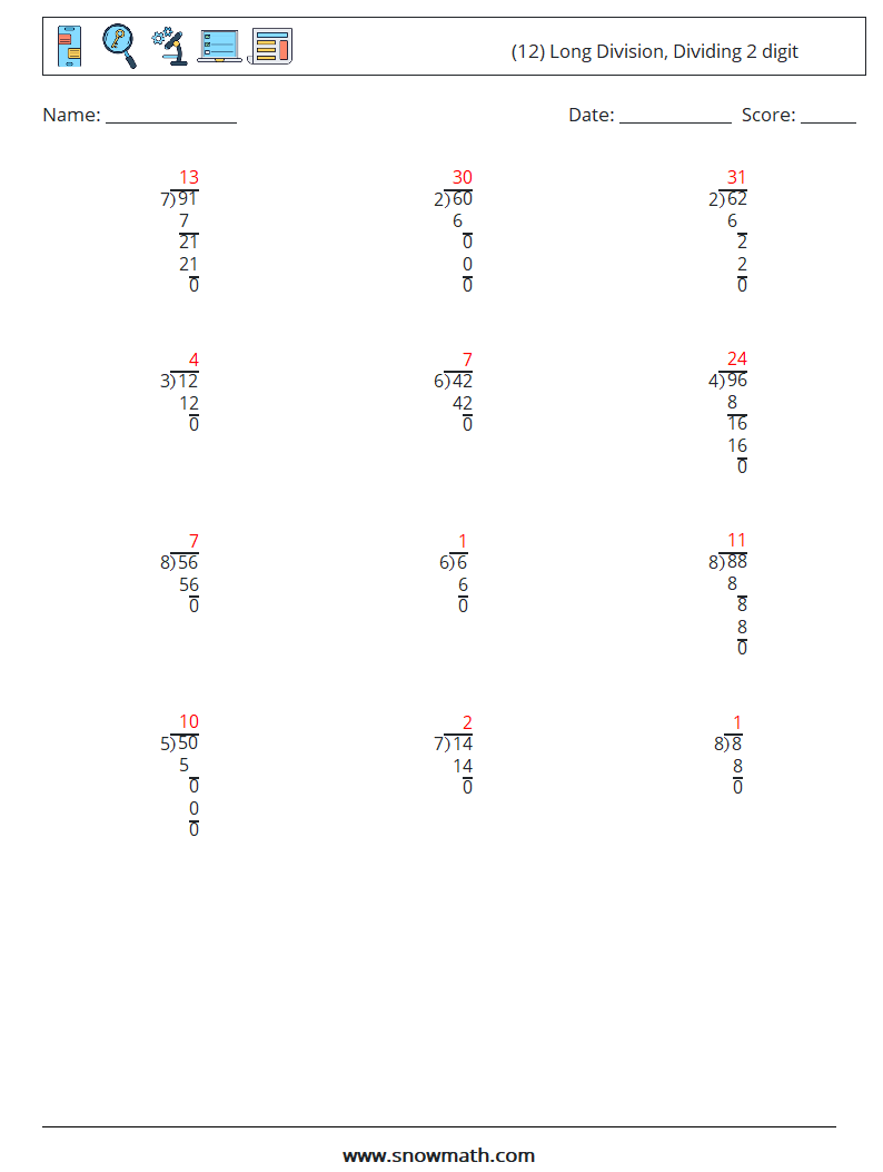 (12) Long Division, Dividing 2 digit Maths Worksheets 5 Question, Answer