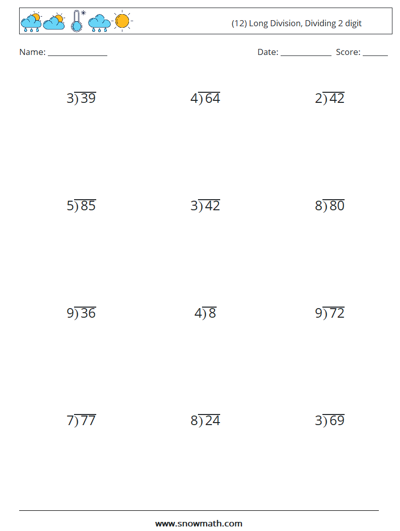 (12) Long Division, Dividing 2 digit Maths Worksheets 6
