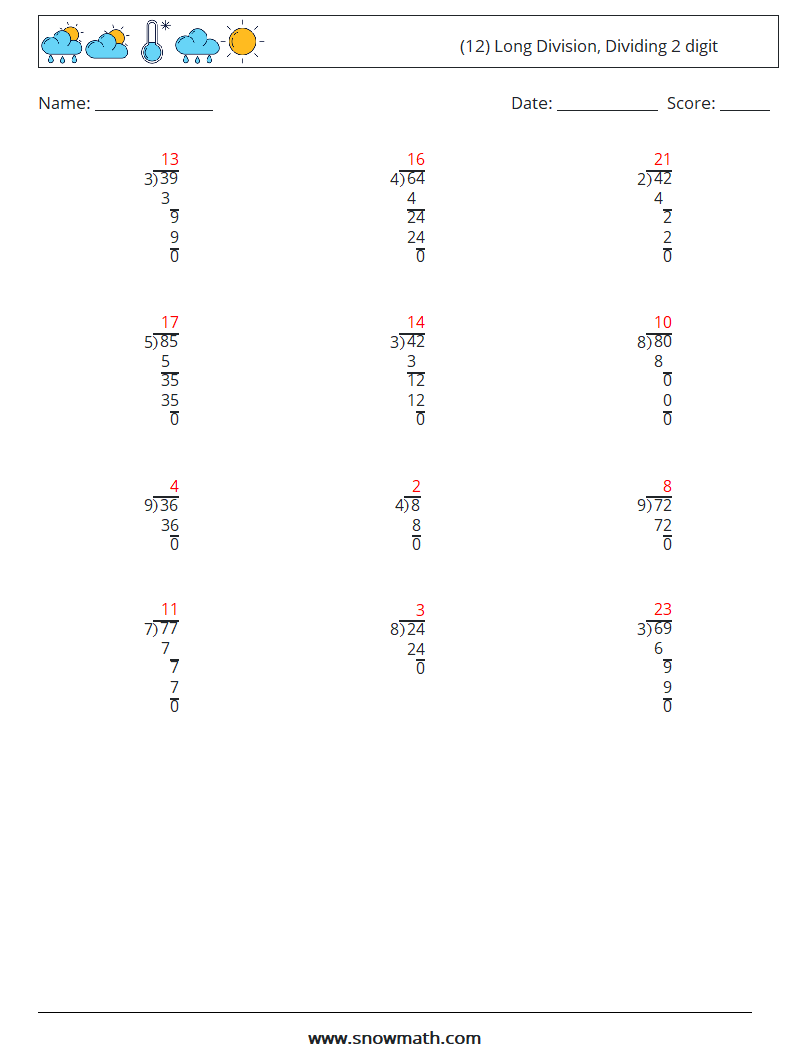 (12) Long Division, Dividing 2 digit Maths Worksheets 6 Question, Answer