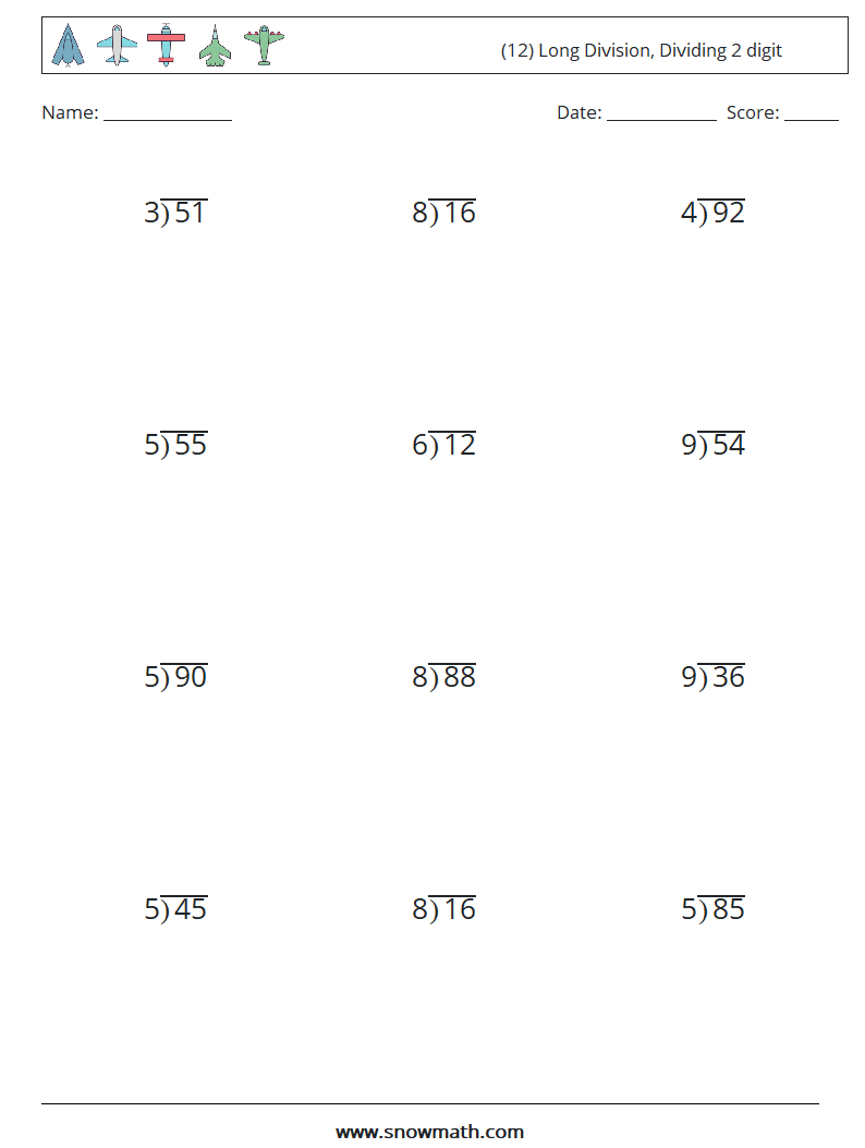 (12) Long Division, Dividing 2 digit Maths Worksheets 7