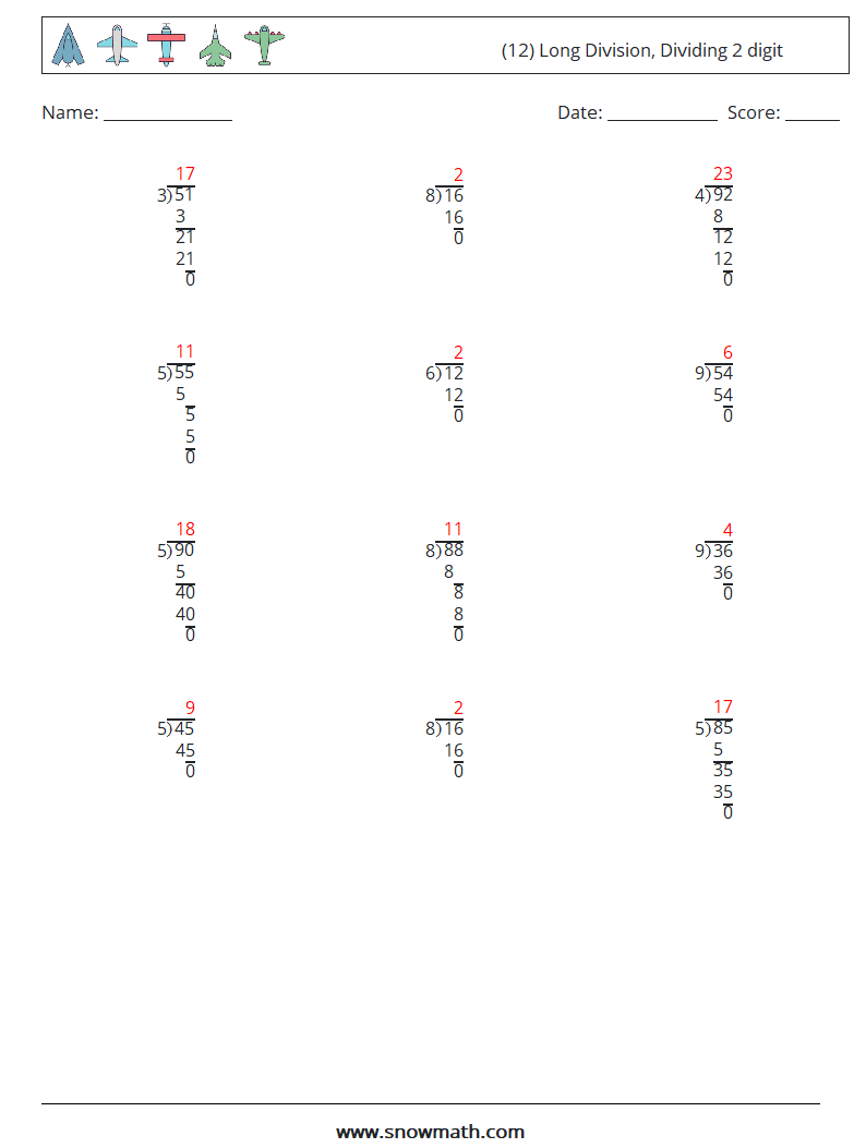 (12) Long Division, Dividing 2 digit Maths Worksheets 7 Question, Answer