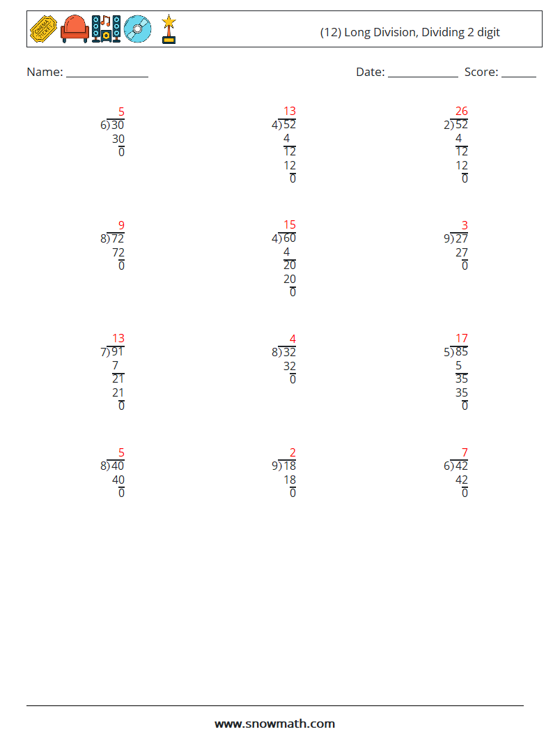 (12) Long Division, Dividing 2 digit Maths Worksheets 8 Question, Answer
