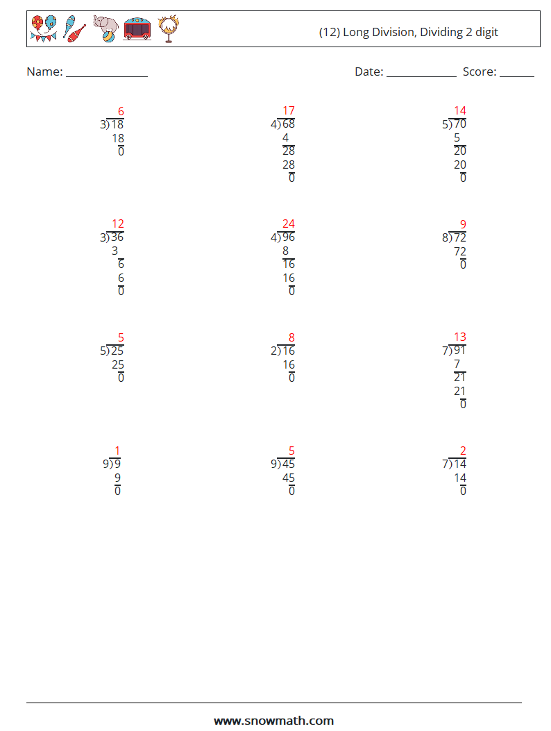 (12) Long Division, Dividing 2 digit Maths Worksheets 9 Question, Answer