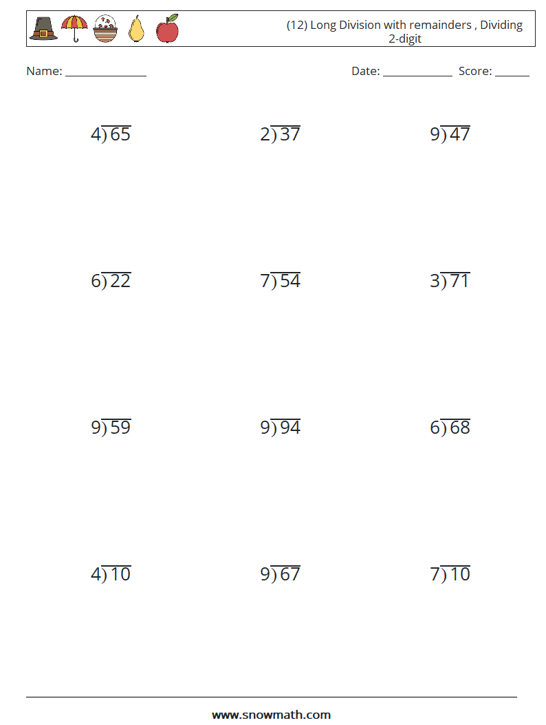 (12) Long Division with remainders , Dividing 2-digit Maths Worksheets 1