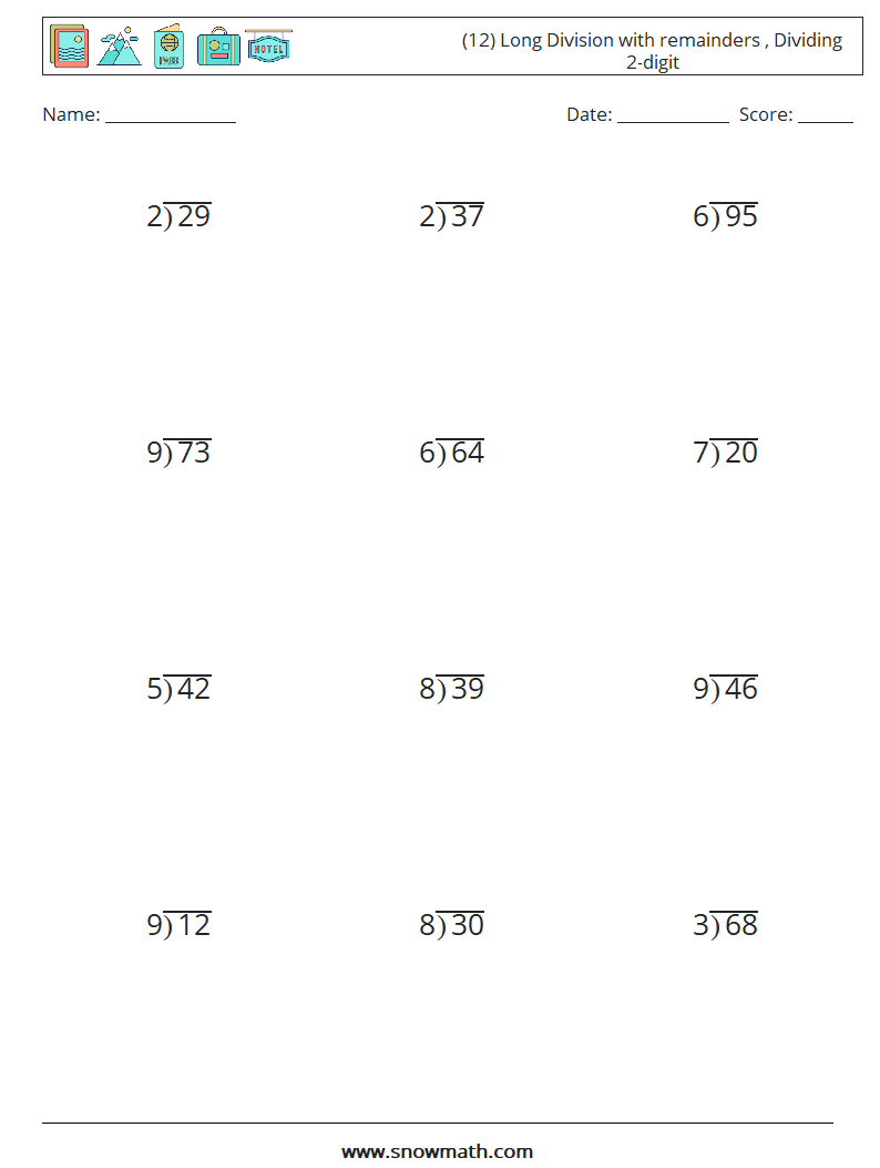 (12) Long Division with remainders , Dividing 2-digit Maths Worksheets 10