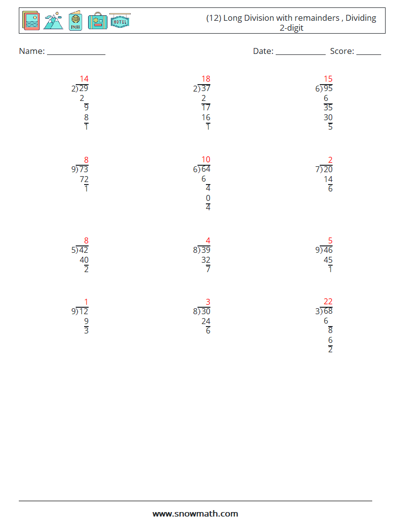 (12) Long Division with remainders , Dividing 2-digit Maths Worksheets 10 Question, Answer