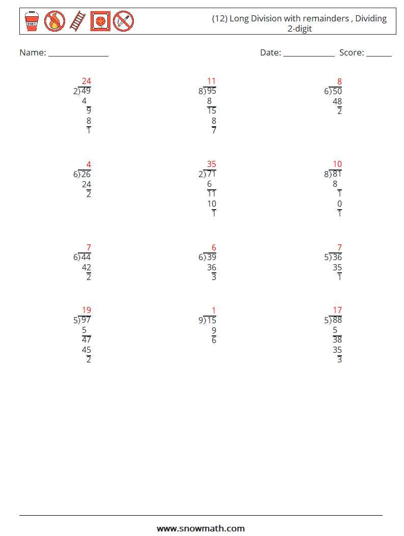 (12) Long Division with remainders , Dividing 2-digit Maths Worksheets 11 Question, Answer