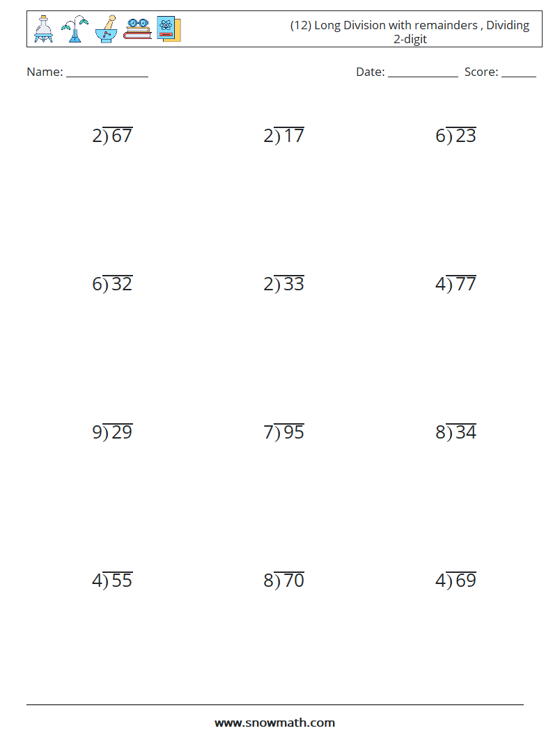 (12) Long Division with remainders , Dividing 2-digit Maths Worksheets 12