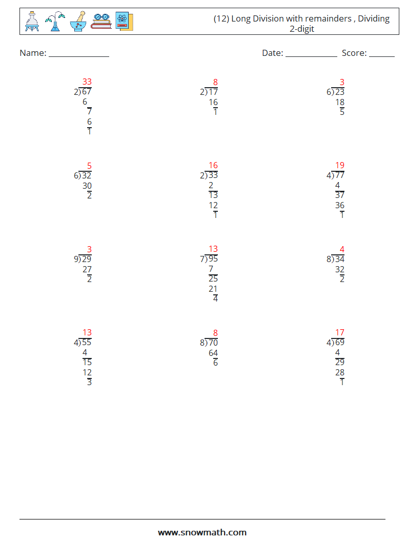 (12) Long Division with remainders , Dividing 2-digit Maths Worksheets 12 Question, Answer