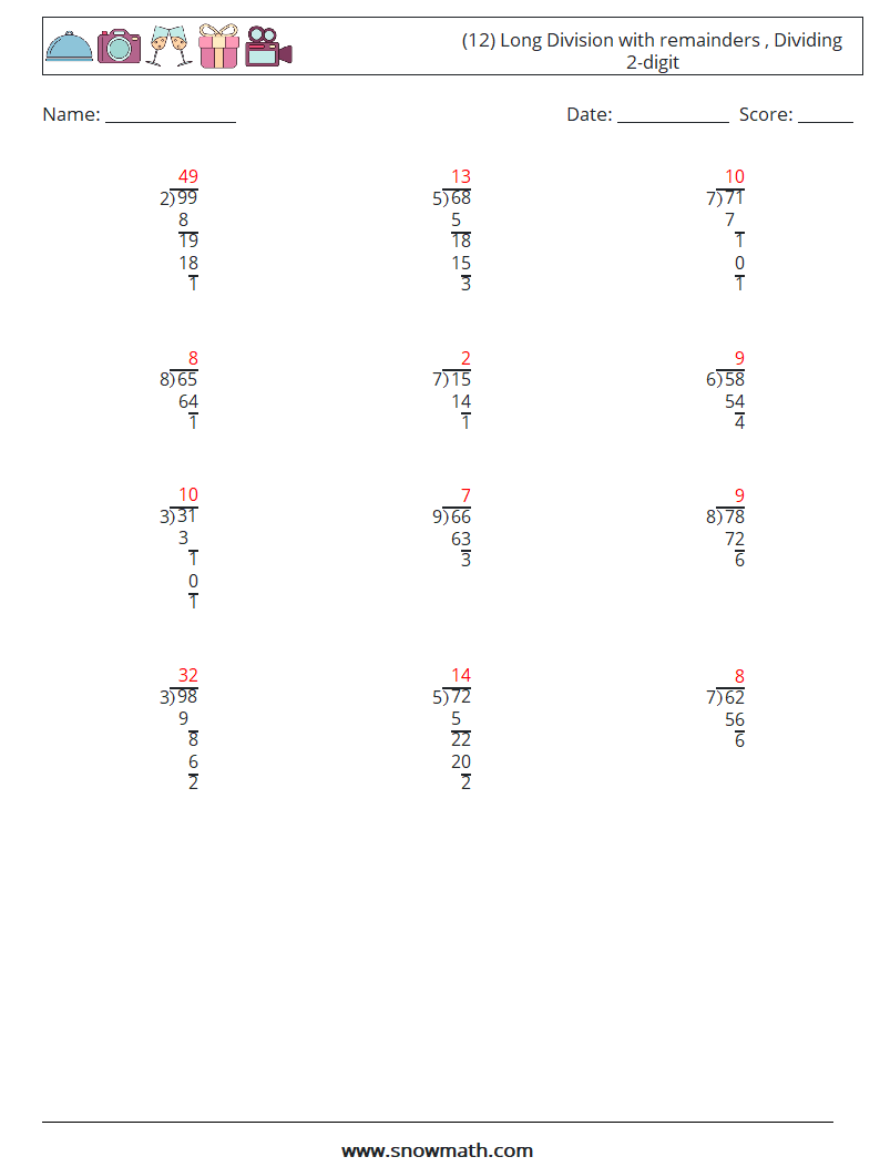 (12) Long Division with remainders , Dividing 2-digit Maths Worksheets 13 Question, Answer