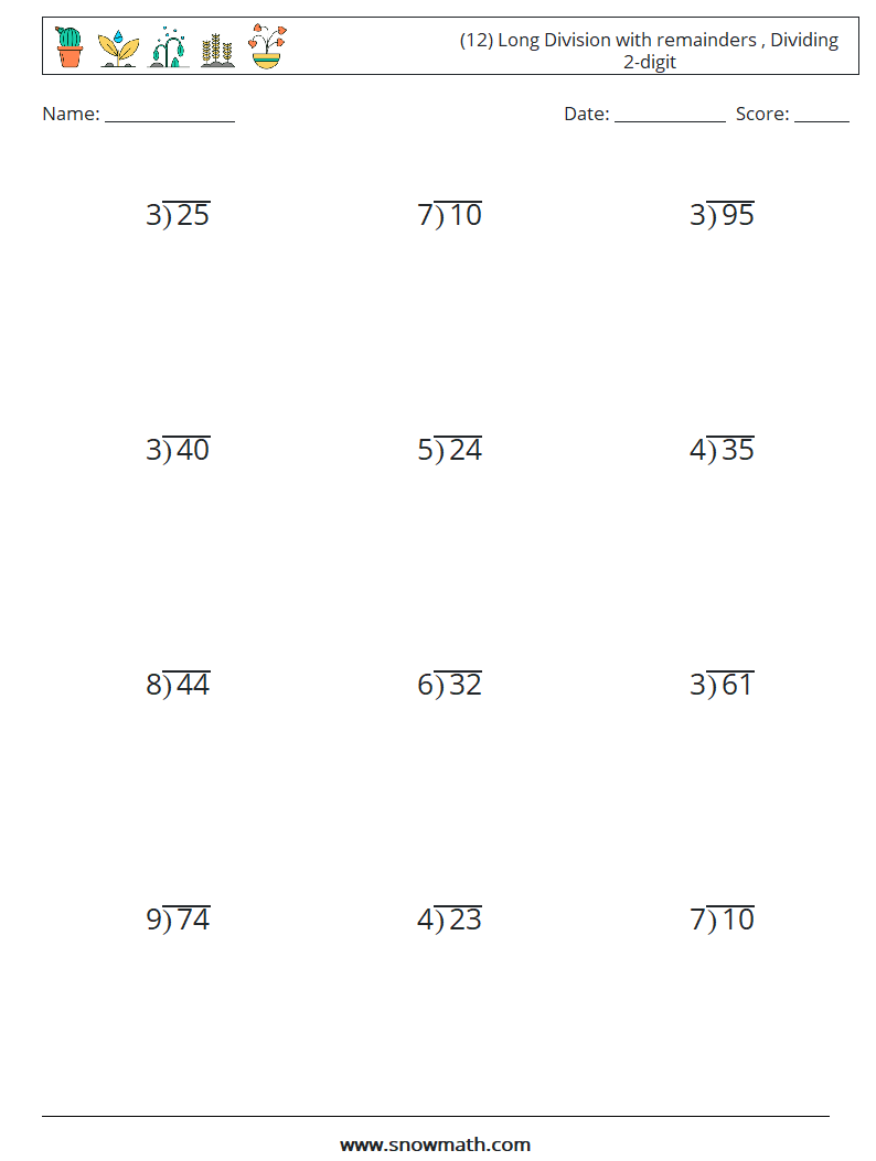 (12) Long Division with remainders , Dividing 2-digit Maths Worksheets 14