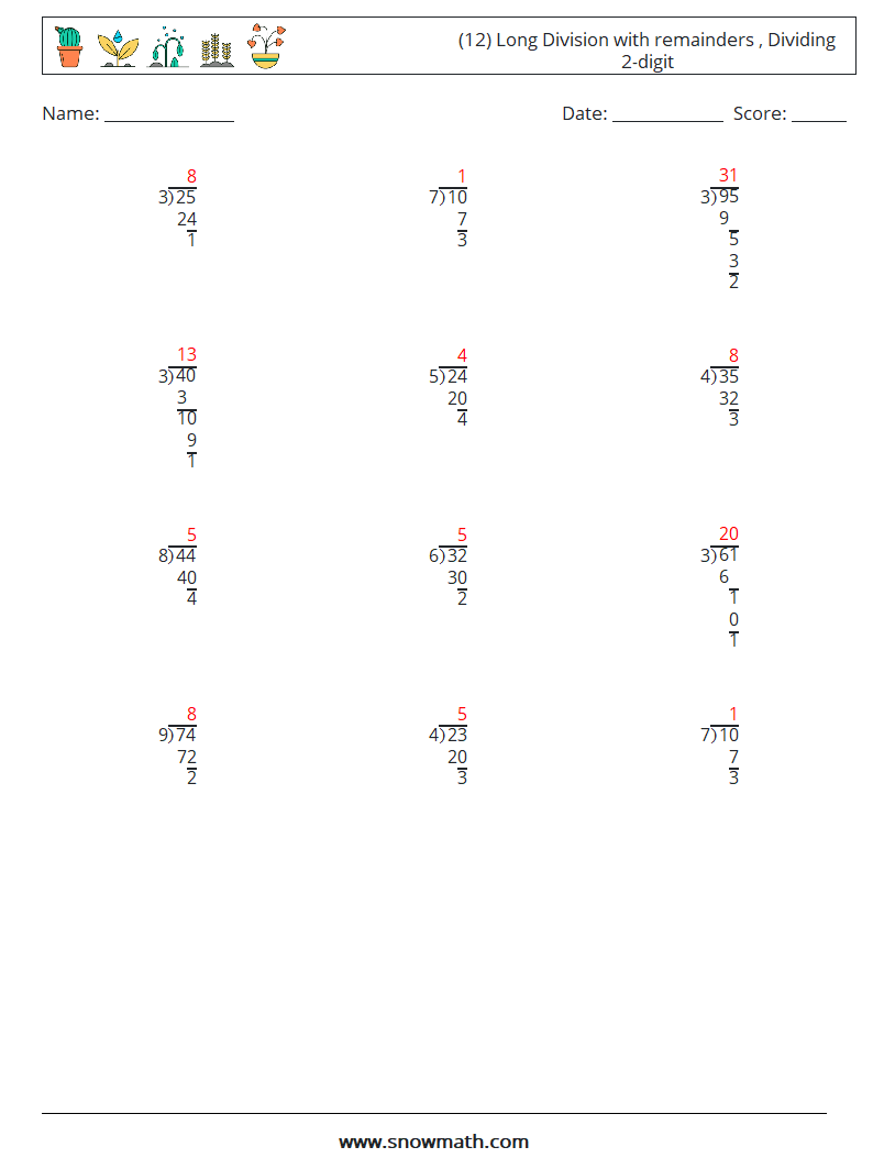 (12) Long Division with remainders , Dividing 2-digit Maths Worksheets 14 Question, Answer