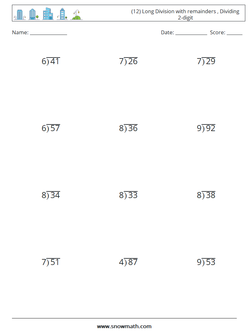 (12) Long Division with remainders , Dividing 2-digit Maths Worksheets 15