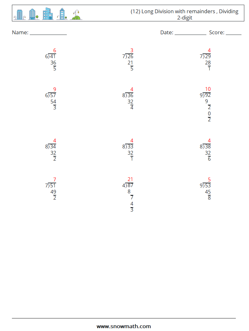 (12) Long Division with remainders , Dividing 2-digit Maths Worksheets 15 Question, Answer