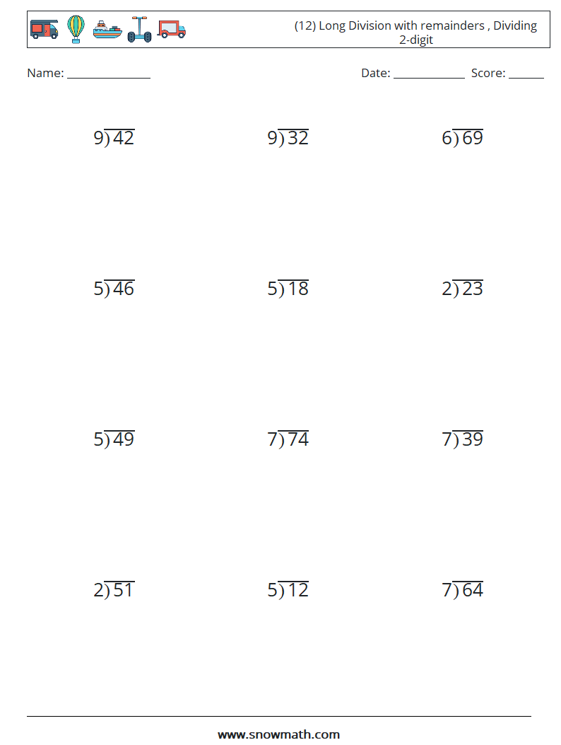 (12) Long Division with remainders , Dividing 2-digit Maths Worksheets 16
