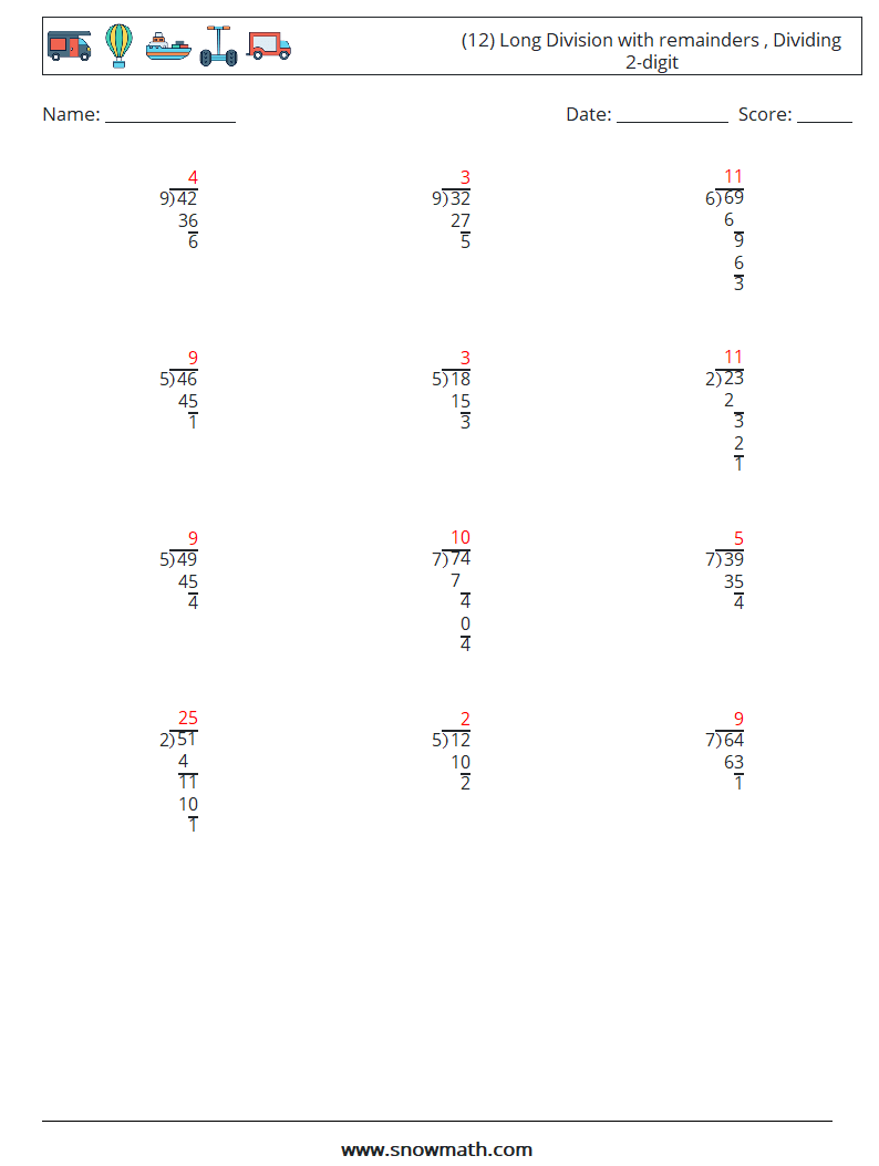 (12) Long Division with remainders , Dividing 2-digit Maths Worksheets 16 Question, Answer