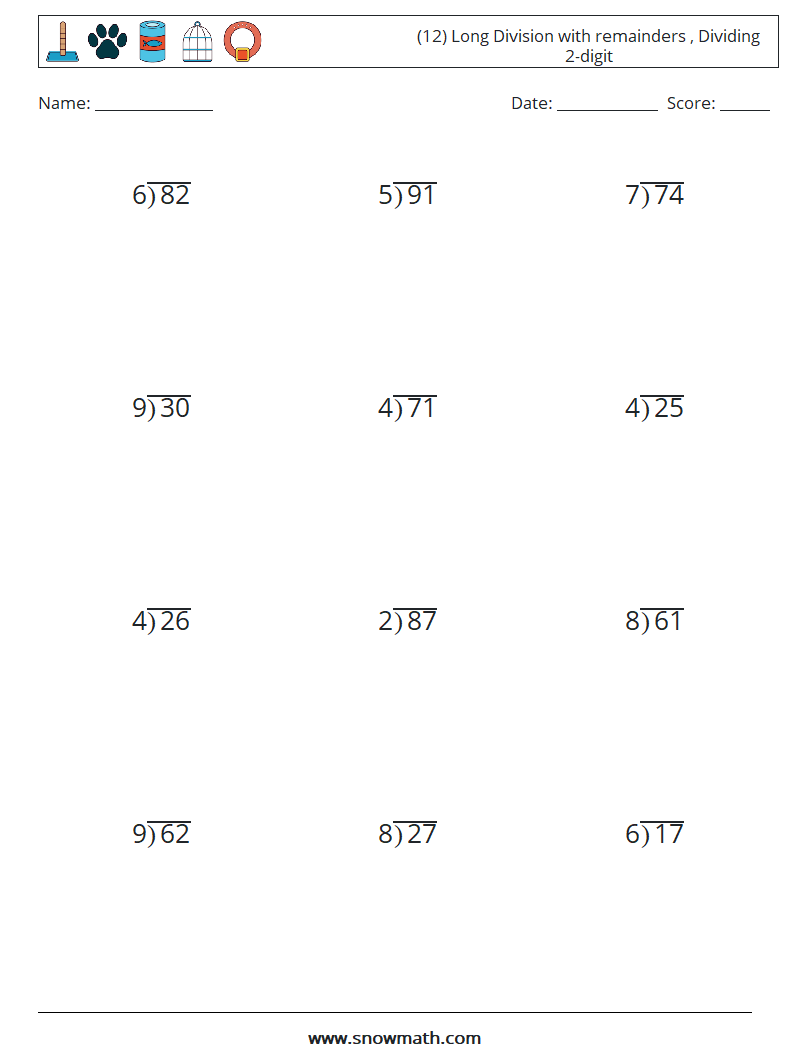 (12) Long Division with remainders , Dividing 2-digit Maths Worksheets 17